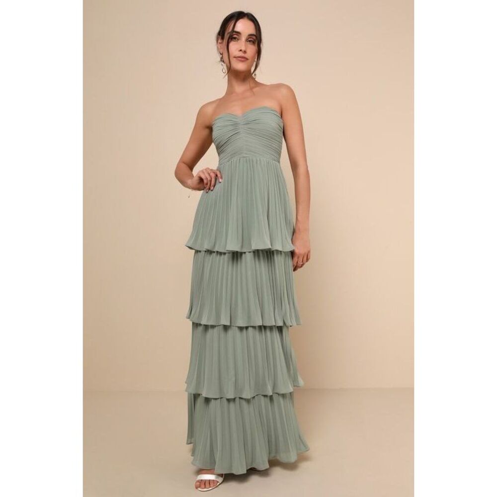Lulus Seriously Sensational Sage Brush Strapless Tiered Maxi Dress Green